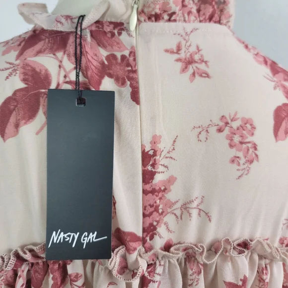 NASTY GAL TIERED HIGH NECK LONG SLEEVES FLORAL BLUSH PINK DRESS SIZE 8